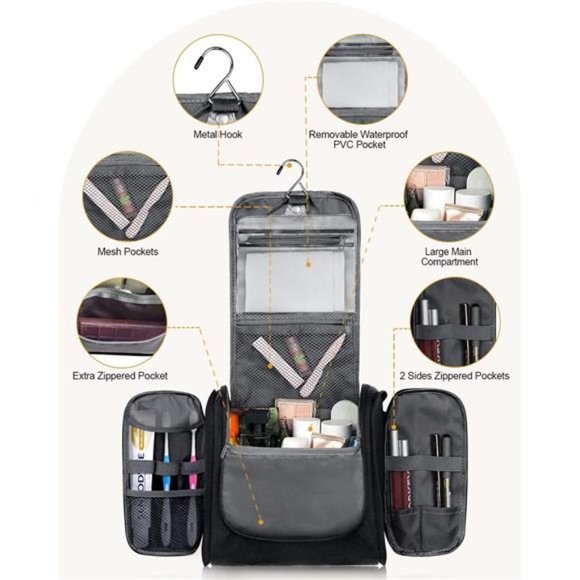 Toiletry Bag for Women & Men,Water-resistant Travel Makeup Bag with Hanging Hook - Picture 3 of 6